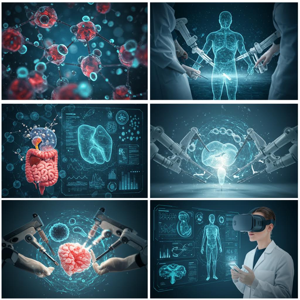 분자 구조, 인체 장기, 로봇 수술, 가상현실 의료 기술 등을 결합해 미래형 의학과 생명공학을 표현한 이미지 시리즈