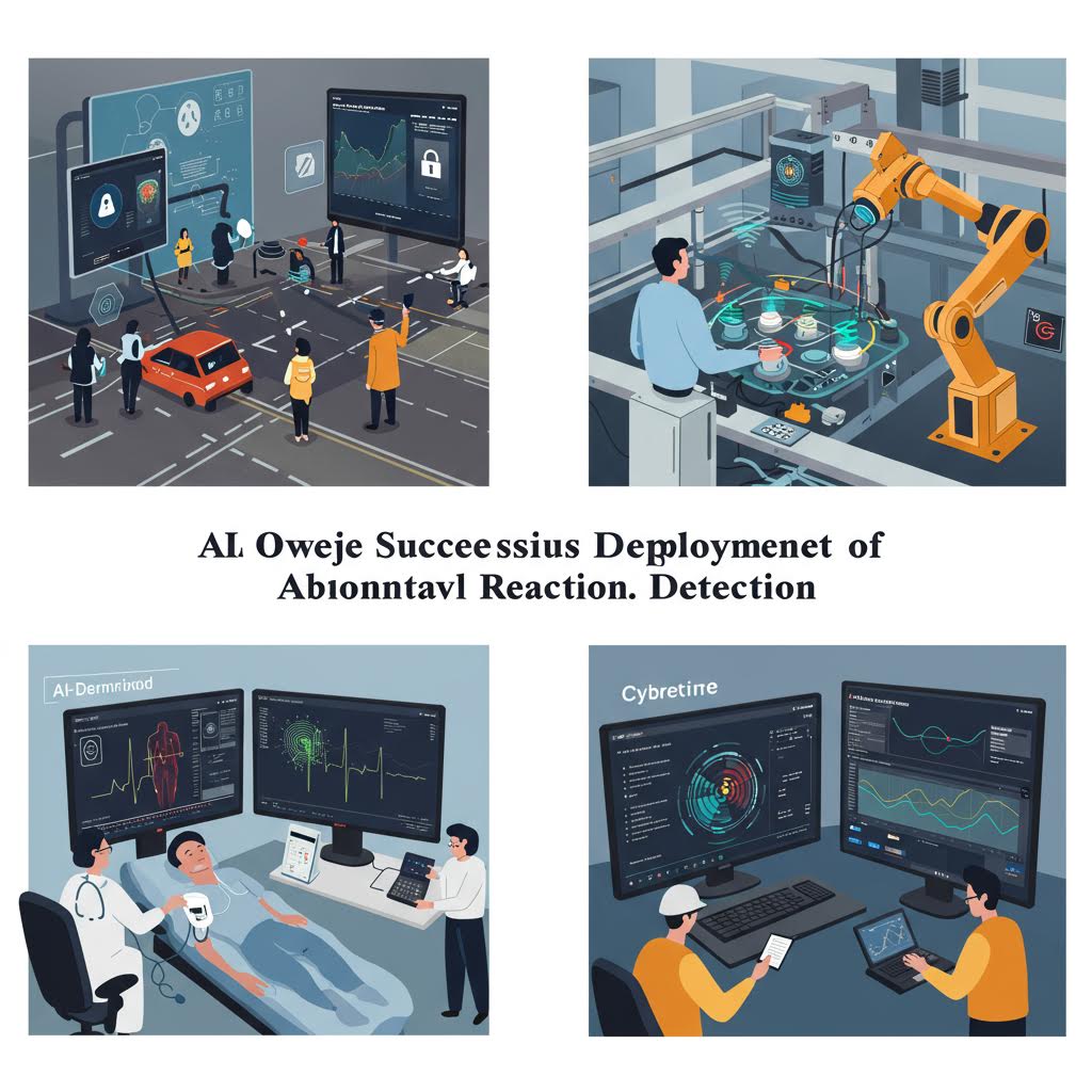 AI 기술을 활용한 이상 반응 탐지와 배포 과정을 보여주는 이미지 세트, 교통 관리, 산업 로봇, 원격 환자 모니터링, 사이버 보안 상황 포함
